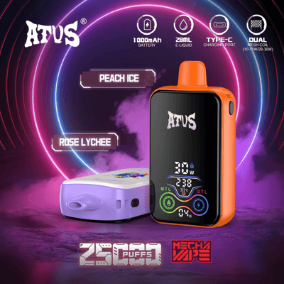 Promotional image for ATUS Mecha Vape showcasing its 25000 puff capacity, 1000mAh battery, 28ml e-liquid capacity, Type-C charging port, and dual mesh coil technology, featuring peach ice and rose lychee flavors against a vibrant neon background.