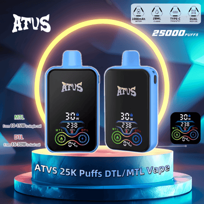Promotional image of ATVS 25K Puffs DTL/MTL Vape devices, showing dual coil modes, specs including 28mL capacity and USB Type-C charging, with vibrant lighting effects.