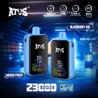 Promotional image showcasing the ATUS vape device, highlighting its 1000mAh battery, 20ml e-liquid capacity, Type-C charging port, dual mesh coil (10-30W), and flavors Mixed Fruit and Blueberry Ice, set in a futuristic, blue-lit environment.