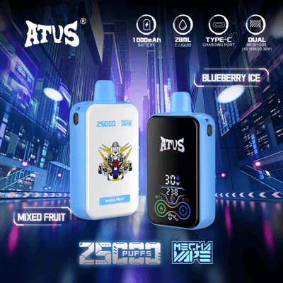 Promotional image of Atus electronic vaping devices, featuring colorful designs labeled 'Blueberry Ice' and 'Mixed Fruit,' specifications like 25000 puffs, 1000mAh battery, 28ml e-liquid capacity, and dual mesh coil technology, set against a futuristic urban backdrop.