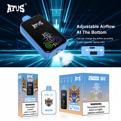 Promotional image for the ATVS 2500 Puff vaping device featuring adjustable airflow settings, digital display, and packaging with product information and warning labels.
