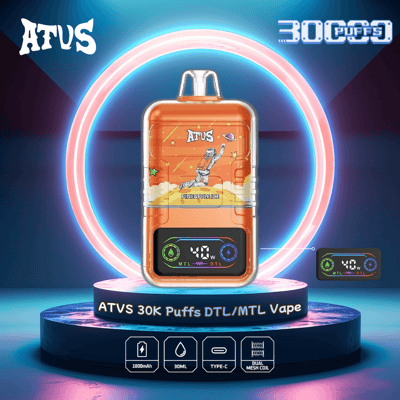 Image promotionnelle présentant l'appareil ATVS 30K Puffs DTL/MTL Vape avec un design de couleur orange, une marque au goût de glace à l'ananas, affiché avec ses fonctionnalités, notamment une batterie de 1000 mAh, une capacité de 30 ml, une charge de type C et une technologie de bobine à double maille, placée sur un fond éclairé au néon.