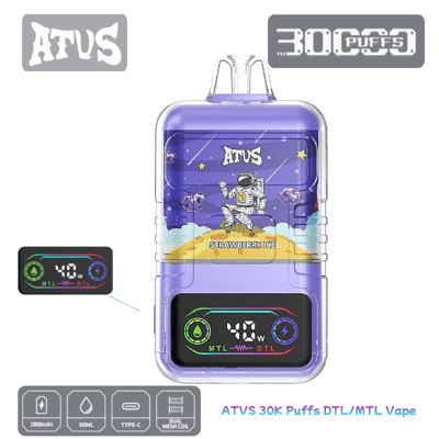 Appareil de vapotage Purple ATVS présentant un design sur le thème des astronautes et étiqueté comme 30 000 bouffées avec une saveur de glace à la fraise et une technologie de bobine à double maille.