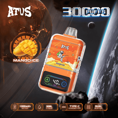 Image promotionnelle pour l'appareil de vapotage ATVS Mango Ice, présentant un design de couleur orange avec des illustrations sur le thème des astronautes et mettant en évidence des fonctionnalités telles qu'une capacité de 30 000 bouffées, une batterie de 1 000 mAh, un e-liquide de 30 ml, un port de charge de type C et une bobine à double maille, avec une saveur de glace à la mangue affichée à côté de visuels planétaires.