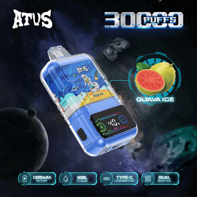 Image promotionnelle présentant l'appareil ATVS avec une capacité de 30 000 bouffées, une saveur de glace à la goyave, une batterie de 1 000 mAh, une capacité d'e-liquide de 30 ml, un port de charge de type C et une bobine à double maille, sur fond de thème spatial.
