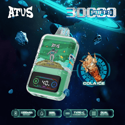 Graphique promotionnel présentant l'appareil de vapotage jetable ATUS Cola Ice avec un design sur le thème extraterrestre, mettant en évidence des fonctionnalités telles que 30 000 bouffées, une batterie de 1 000 mAh, une capacité d'e-liquide de 30 ml, un port de charge de type C et une technologie de bobine à double maille dans un arrière-plan cosmique.