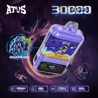 Une image promotionnelle présentant un appareil de vapotage ATVS violet d'une capacité de 30 000 bouffées, étiqueté saveur « Grape Ice » et des graphiques de raisins et d'un astronaute sur un fond sur le thème de l'espace.