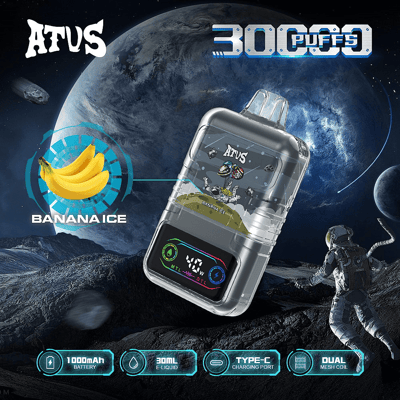 Image promotionnelle présentant l'appareil de vapotage ATUS avec saveur Banana Ice, mettant l'accent sur une capacité de 30 000 bouffées, ainsi qu'un graphique d'astronaute sur un fond sur le thème de l'espace.