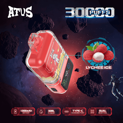 Image promotionnelle de l'appareil de vapotage Atus présentant un design rouge et clair, mis en valeur par des saveurs comme la glace au litchi et des spécifications telles que 30 000 bouffées, une batterie de 1 000 mAh, un e-liquide de 30 ml, un port de charge de type C et une bobine à double maille, sur un fond futuriste sur le thème de l'espace.