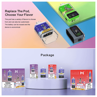 Une publicité présentant des pods de vape remplaçables avec des saveurs personnalisables et des batteries réutilisables, ainsi que des options d'emballage de différentes saveurs affichées sur un podium.