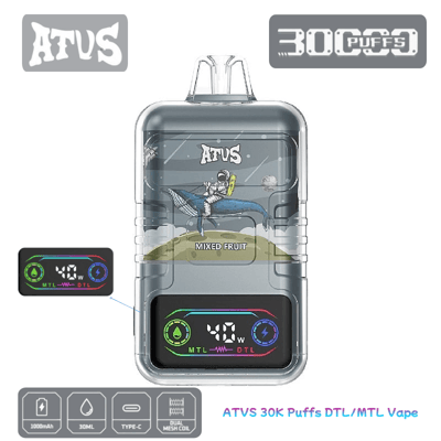 Un appareil de vapotage transparent étiqueté « ATVS 30K Puffs DTL/MTL », doté d'une saveur de fruits mélangés avec une illustration d'astronaute chevauchant une baleine, une batterie de 1000 mAh, une capacité de 30 ml, une bobine à double maille, un port de type C et une puissance réglable affichée à 40 W pour les modes MTL et DTL.
