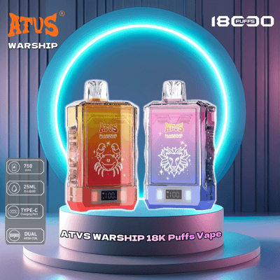 Publicité de produit présentant deux vapes jetables ATVS Warship avec écrans LED et designs colorés, sur un fond moderne accentué de néon, présentant des spécifications telles qu'une capacité de 750 mAh, un stockage d'e-liquide de 25 ml, une charge de type C et des bobines en maille pour 18 000 bouffées.