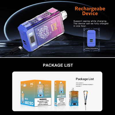 Una imagen promocional que muestra un dispositivo de vapeo recargable, resaltando su diseño degradado en violeta y azul con flujo de aire ajustable, y una lista de paquetes con el dispositivo, el cartucho y el cordón.
