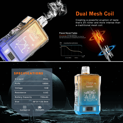 Gráfico promocional que muestra un dispositivo de vapeo con tecnología de bobina de malla dual, resaltando la intensidad mejorada del sabor y las especificaciones técnicas, como una batería de 750 mAh y una capacidad de 25 ml de e-líquido, sobre un fondo de temática cósmica.