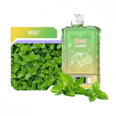 Un dispositivo de vapeo con sabor a menta con un diseño degradado verde y amarillo, que se muestra junto a hojas de menta fresca y una foto de primer plano de una planta de menta.