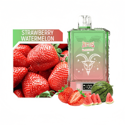 Un dispositivo electrónico de vapeo colorido con un diseño degradado verde y rosa que presenta un logotipo de cabra, junto a fresas frescas, rodajas de sandía y una etiqueta que dice "Fresa y sandía".