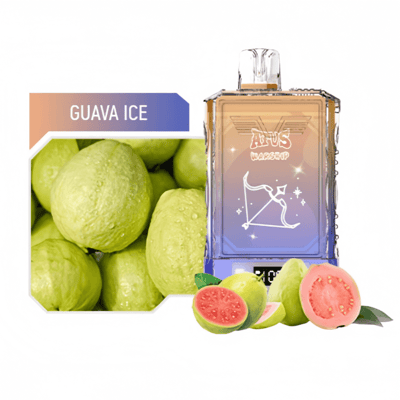Imagen estilizada que muestra un producto denominado 'Guava Ice', que incluye una botella vaporizadora de color degradado decorada con gráficos de constelaciones, rodeada de guayabas enteras y cortadas por la mitad sobre un fondo claro.