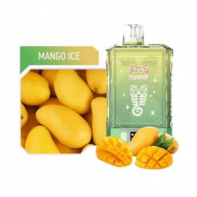 Un frasco de perfume con la etiqueta «ATUS Warship» (Buque de Guerra ATUS) con un diseño verde junto a imágenes de mangos amarillos maduros, algunos cortados en cubos y otros enteros, sobre un fondo blanco. El texto «Mango Ice» (Hielo de Mango) aparece sobre los mangos.