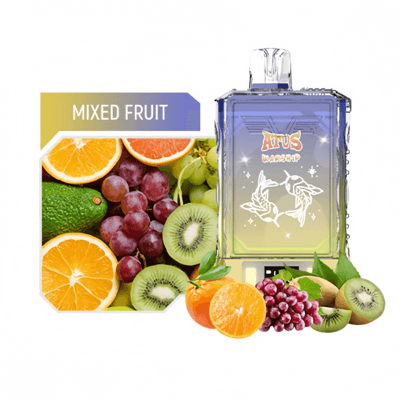 Un empaque colorido que muestra un frasco de perfume junto a frutas vibrantes que incluyen kiwi, uvas, naranjas y un aguacate, con la etiqueta 'Fruta mixta'.