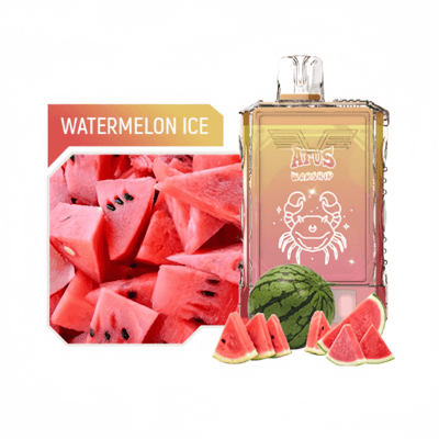 Una botella de líquido para vapear con sabor, etiquetada como 'Watermelon Ice', que presenta una ilustración de un cangrejo junto a trozos de sandía en rodajas.