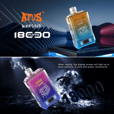 Imagen promocional del cigarrillo electrónico ATUS Warship 18,000 Puff, que muestra el producto con un exterior degradado de colores y una pantalla digital, acompañado de un texto que describe sus características, incluidos efectos de iluminación para patrones, e-líquido y estado de energía.