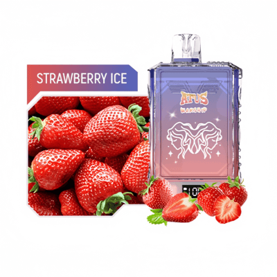 Un dispositivo de vapeo rectangular con un diseño en degradado rosa y morado junto a una imagen de primer plano de fresas rojas frescas y una etiqueta que dice 'Strawberry Ice' (Hielo de fresa).