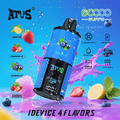 AFUS 電子タバコデバイスのプロモーション画像。6,000 回の吸引、調整可能なフレーバー、650mAh のバッテリーなど、さまざまな機能を紹介し、ブルーベリー アイスやレモン ミントなどのフルーツ フレーバーの鮮やかなグラフィックを添えています。