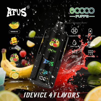 ATUS ブランドの vape デバイスを特集したプロモーション グラフィック。ミックス フルーツ フレーバー オプション、6000 パフ容量、650mAh バッテリー、調整可能なフレーバーなどの仕様が強調されています。
