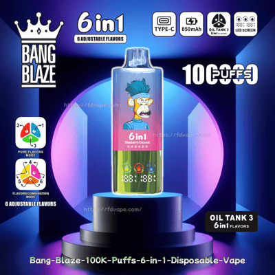 Présentoir promotionnel pour la vape jetable 6-en-1 Bang Blaze avec des saveurs et des spécifications réglables, notamment une batterie de 850 mAh, jusqu'à 100 000 bouffées et un écran LED sur un podium coloré.