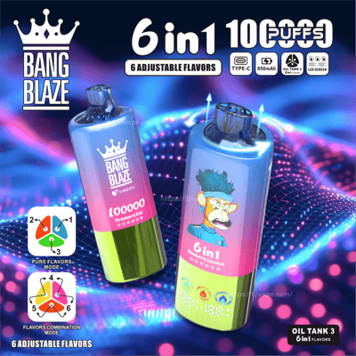 Grafika promocyjna przedstawiająca dwa kolorowe waporyzatory z etykietą „Bang Blaze”, prezentujące funkcję „6 w 1” z możliwością wyboru aromatów, możliwością zaciągnięcia się do 100 000 razy oraz nowoczesnymi elementami wzornictwa, takimi jak ekrany LED i ładowanie przez złącze typu C. Tło podkreśla cyfrowy i futurystyczny motyw.