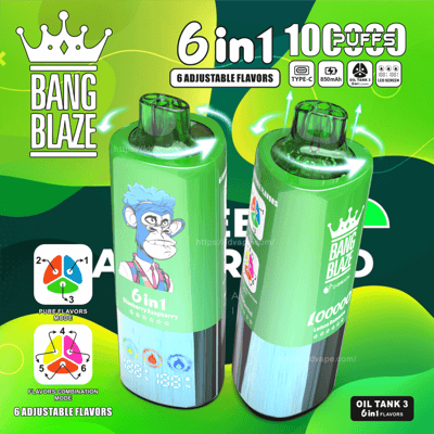 Zdjęcie promocyjne prezentujące waporyzator „Bang Blaze 6 w 1” z możliwością wyboru smaków. Na szczególną uwagę zasługuje bateria o pojemności 850 mAh, ładowanie przez złącze typu C i możliwość wykonania 10 000 zaciągnięć.
