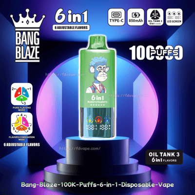Grafika promocyjna prezentująca jednorazowe urządzenie do waporyzacji Bang Blaze 6 w 1, wyróżniające się regulowanymi opcjami smakowymi, eleganckim wzornictwem i specyfikacjami technicznymi w żywej, futurystycznej oprawie.