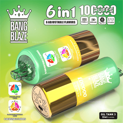 Zdjęcie promocyjne urządzenia do waporyzacji Bang Blaze 6 w 1, przedstawiające 10 000 zaciągnięć, sześć regulowanych smaków, pojemność 850 mAh i port ładowania typu C, z zielono-złotym designem.