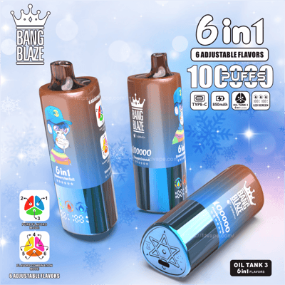 Zdjęcie promocyjne prezentujące urządzenia do waporyzacji Bang Blaze 6 w 1 z regulacją aromatów, ładowaniem przez typ C, baterią 850 mAh i takimi funkcjami, jak ekrany LED, prezentowane z kolorowym wzorem na tle wzoru płatków śniegu.
