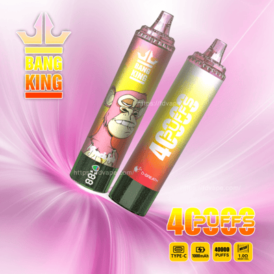 Twee wegwerp-vape-apparaten van Bang King met kleurrijke gradiëntontwerpen en branding, vergezeld van promotionele tekst waarin kenmerken zoals 40.000 trekjes, Type-C-poort en 1000 mAh-batterij worden benadrukt, geplaatst op een roze abstracte achtergrond.