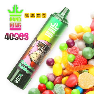 Bang King vape-apparaat met de merknaam Watermelon Bubblegum, een kleurrijke snoepachtergrond en belangrijke functies zoals 40.000 trekjes en een digitaal display.