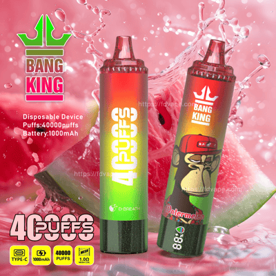 Kleurrijke wegwerp-vape-pennen met het label 'Bang King 40.000 Puffs', met een watermeloenachtergrond en een ontwerp dat de nadruk legt op grote capaciteit en oplaadmogelijkheden.