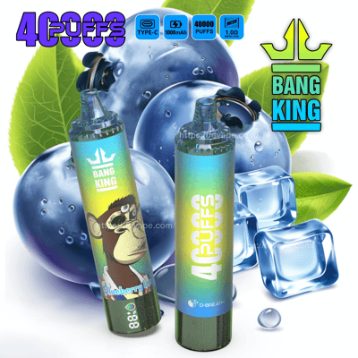 Promotiefoto van Bang King-vaping-apparaten met illustraties van de smaken bosbessen en ijs, met nadruk op functies zoals 40.000 trekjes en Type-C-opladen.