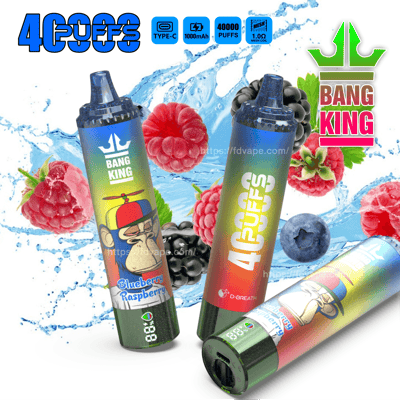 Een promotiefoto van de wegwerp-vape-apparaten van Bang King met een bosbessen-frambozensmaak, omringd door verse bosbessen, frambozen en bramen, met functies zoals 40.000 trekjes, Type-C-opladen en een 1000 mAh-batterij.