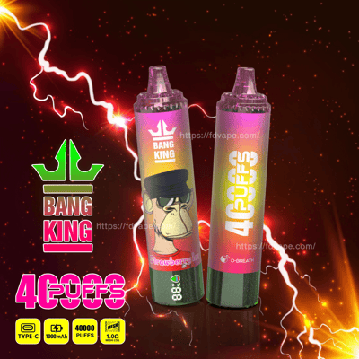 Twee felgekleurde vape-apparaten met het label 'Bang King' en een illustratie van een gorilla, met de smaak aardbeienijs en 40.000 trekjes, afgebeeld tegen een achtergrond met een elektrisch thema.