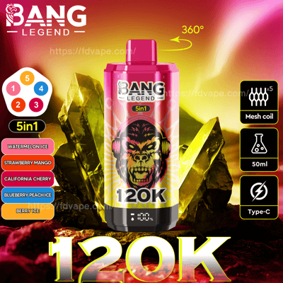 Werbebild für das Vape-Gerät Bang Legend 120K, das Produktmerkmale wie ein helles Design, ein Gorilla-Logo, 5-in-1-Aromen, Mesh-Coil-Technologie, 50 ml Fassungsvermögen und Typ-C-Laden vor einem lebendigen Hintergrund mit Kristallen zeigt.