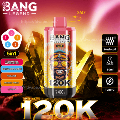 Werbebild eines Bang Legend 5-in-1-Vape-Geräts in einem lebendigen Design, präsentiert mit seinen Geschmacksrichtungen wie Erdbeer-Wassermelone und Cola-Eis, mit zusätzlichen Spezifikationen wie einer Mesh-Spule und USB-C-Kompatibilität.