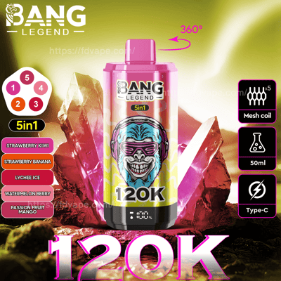 Werbebild des Bang Legend 120K-Vape-Geräts, das seine 5-in-1-Geschmacksoptionen, Mesh-Coil-Technologie, 50 ml Fassungsvermögen und Aufladen über den Typ-C-Anschluss mit hellen Grafiken und einem stilisierten Affendesign auf einem kristallfarbenen Hintergrund präsentiert.