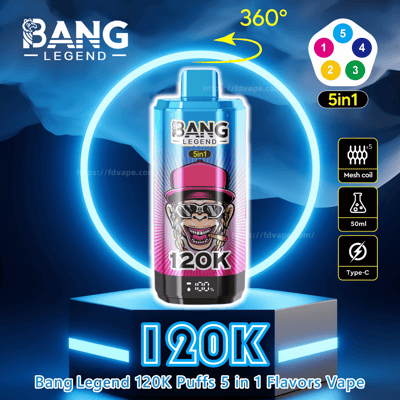 Werbebild für den Bang Legend 120K Vape, das sein 5-in-1-Aromadesign, die 360-Grad-Rotationsfunktion, das lebendige Bild einer Figur mit Sonnenbrille und Hut sowie Produktdetails mit Mesh-Coil-Technologie, 50 ml Fassungsvermögen und Typ-C-Konnektivität vor einem leuchtend blauen Hintergrund zeigt.