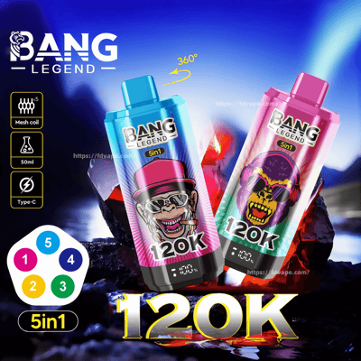 Eine Werbung für das Vaping-Gerät „Bang Legend 5in1“, die zwei bunte Kartuschen mit grafischen Designs stilisierter Affen in Kleidung vor einem dynamischen Hintergrund zeigt und Funktionen wie Mesh-Coil-Technologie, 50 ml Fassungsvermögen und Aufladen über USB Typ C hervorhebt.
