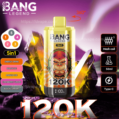Werbebild für das Bang Legend 120K-Vaping-Gerät mit einem leuchtenden Farbschema aus Gelb und Lila und einer Geschmackspalette mit Energydrink, Pfirsicheis, Mangoeis, Cranberry-Traube und schwarzer Johannisbeere, hervorgehoben durch kristallartige Hintergrundelemente.