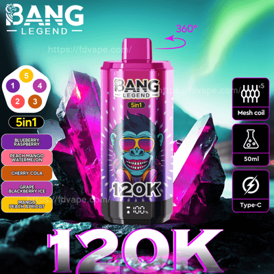Werbebild, das das Bang Legend 5-in-1-Vaping-Gerät mit leuchtendem lila und pinkfarbenem Design mit stilisierter Affengrafik, Details zu Geschmacksoptionen, Mesh-Coil, 50 ml Fassungsvermögen und Typ-C-Ladefunktion zeigt, unterlegt mit einer leuchtenden Kristallästhetik.
