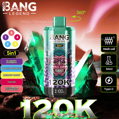Farbenfrohe Grafik, die ein Vaping-Gerät mit der Aufschrift „BANG Legend 5in1“ zeigt, umgeben von leuchtend grünen Kristallen und deutlich sichtbaren Produktdetails wie Aromen, Mesh-Coil und Kapazität.