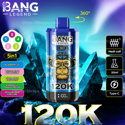 Werbegrafik für den Einweg-Vaporizer Bang Legend 5in1 mit blauem, zylindrischem Design, das mit einer stilisierten Affenillustration verziert ist, begleitet von Textdetails zu Funktionen wie Mesh-Spule, 50 ml Fassungsvermögen, Typ-C-Ladefunktion und einer Reihe von Geschmacksrichtungen wie Blaubeereis und Wassermelonen-Kaugummi.