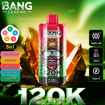 Werbebild mit dem Bang Legend 120K 5-in-1-Vape-Gerät, das Geschmacksrichtungen wie Wassermeloneneis und gemischte Beeren mit Bildern eines dynamischen Designs und Informationen zur Mesh-Coil-Technologie und einem Ladeanschluss Typ C hervorhebt.